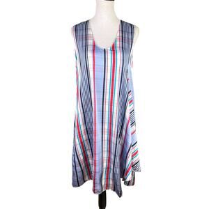 Stella McCartney Red White Blue Plaid Satin Viscose Shift Sleeveless Dress